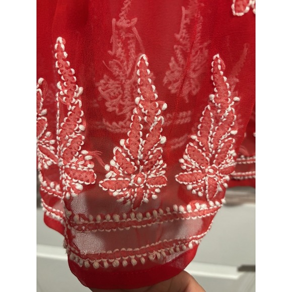 Y2K Fairycore Embroidered Red/Pink Top Beachy boho coverup Sheer One Size 34x31" - Picture 8 of 8